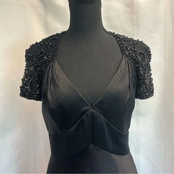 Badgley Mischka black beaded lace short sleeve silk formal evening gown 8 NWOT - Picture 4 of 17